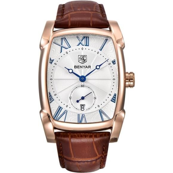 BENYAR Waterproof Classic Rectangle Case Vintage Design Watches Leather Strap